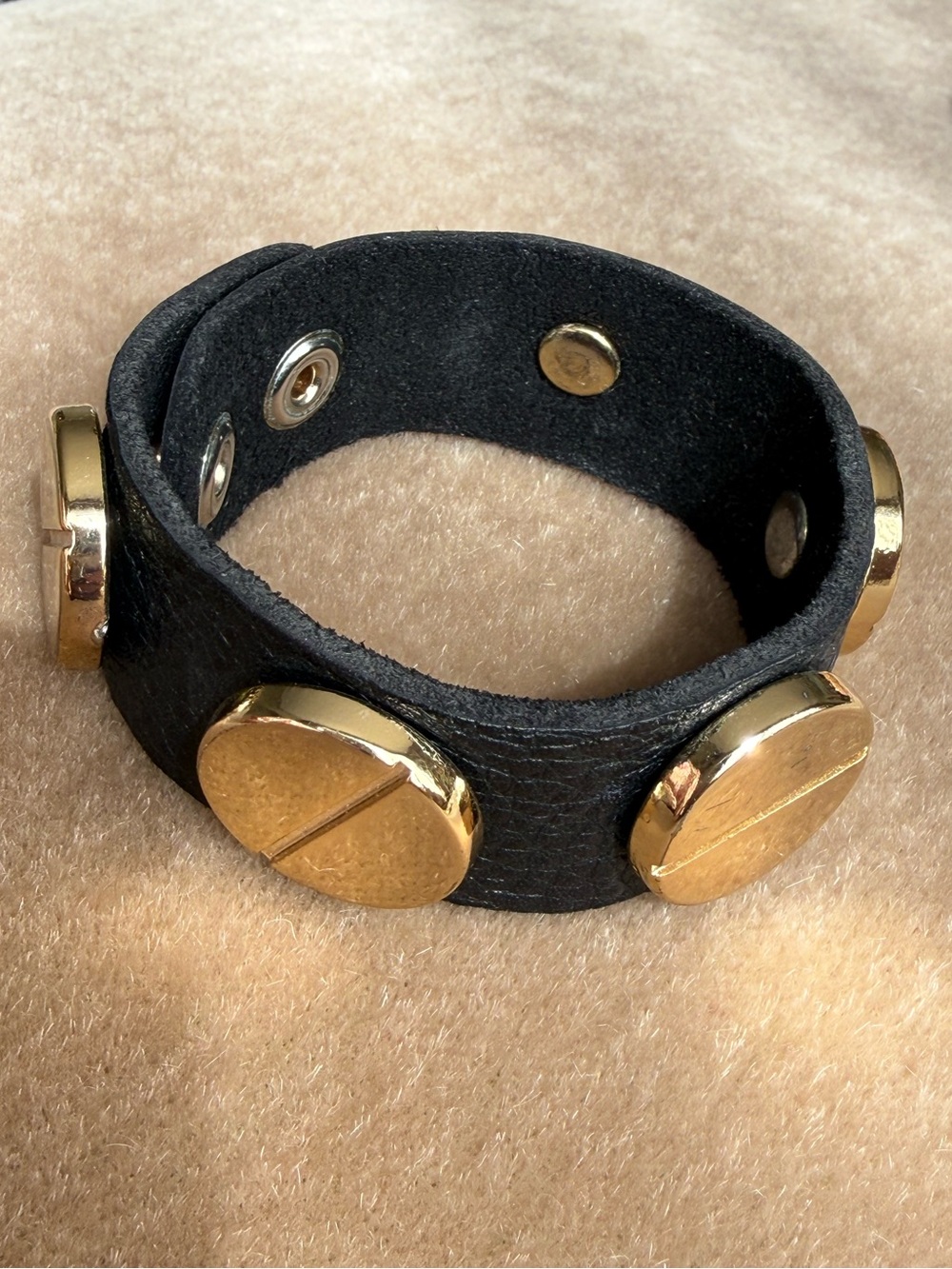 Black Leather Snap Bracelet with Gold Screw Accent Discs
